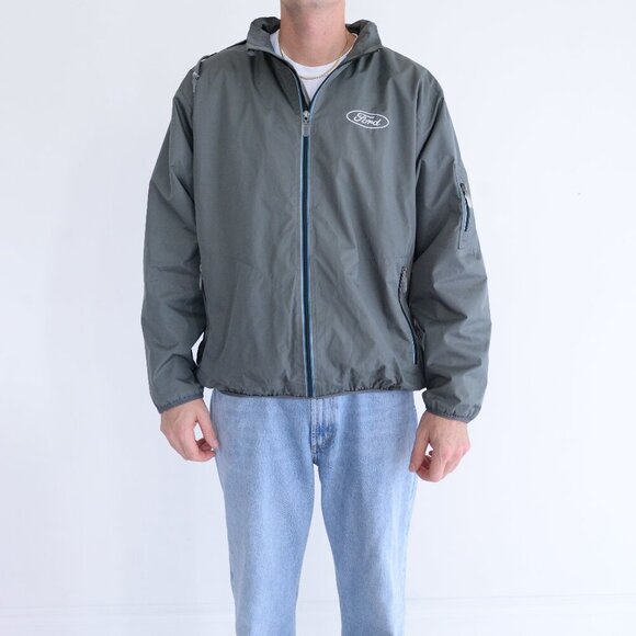 Vintage Choko Gray Ford Waterproof W/ Stowaway Hood Zip Up Jacket Medium - Picture 1 of 10
